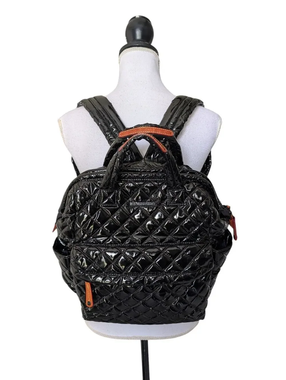 MZ Wallace Black Lacquer Quilted Metro Top Handle Patent Backpack Medium